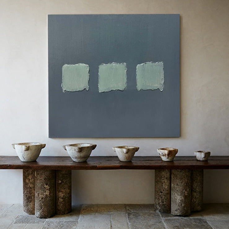 Wall Art Sage Green Textured Squares on Grey Abstract Minimalist Texture Bedroom