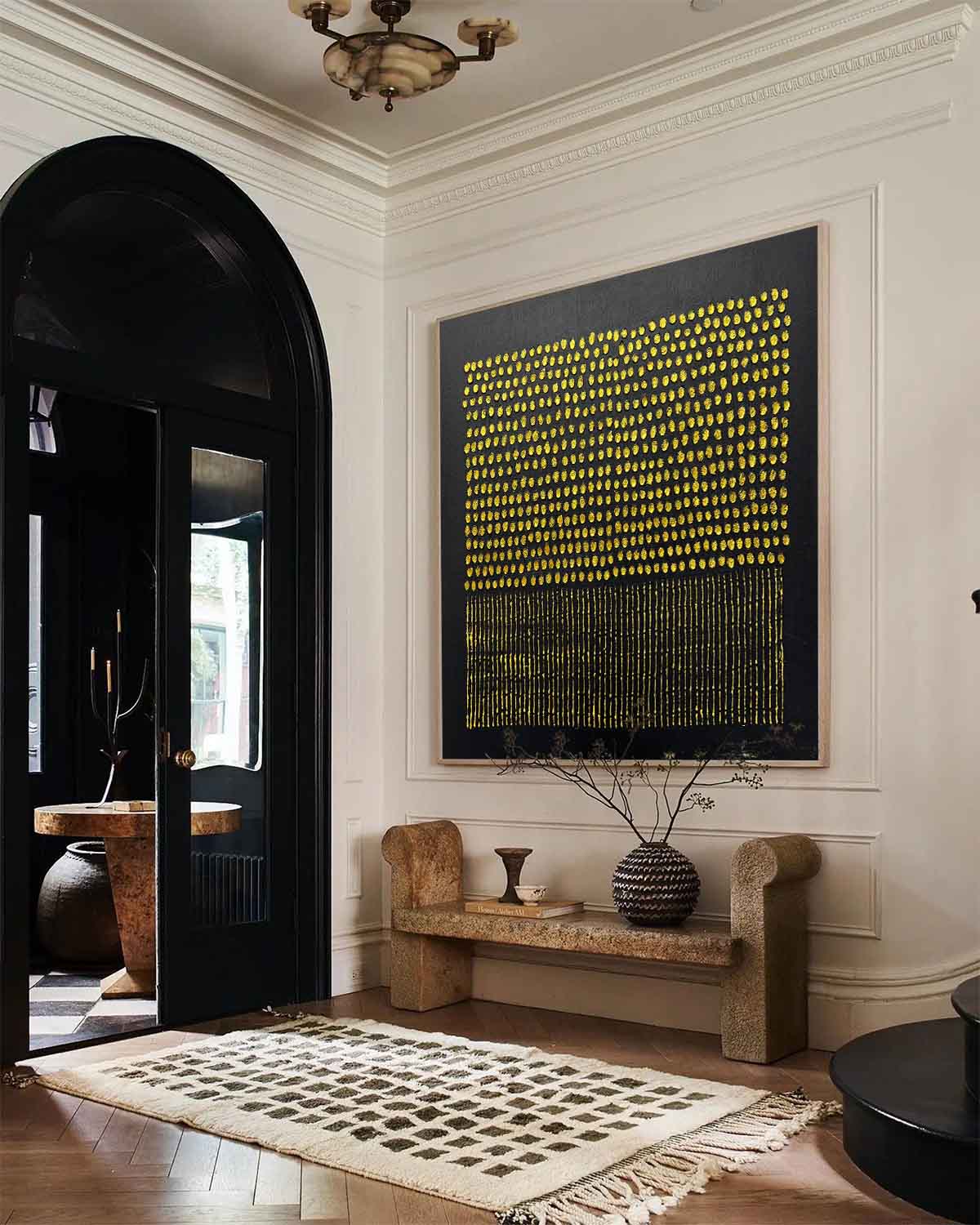 Tactile Gold Dot & Line Oil Painting Black Background