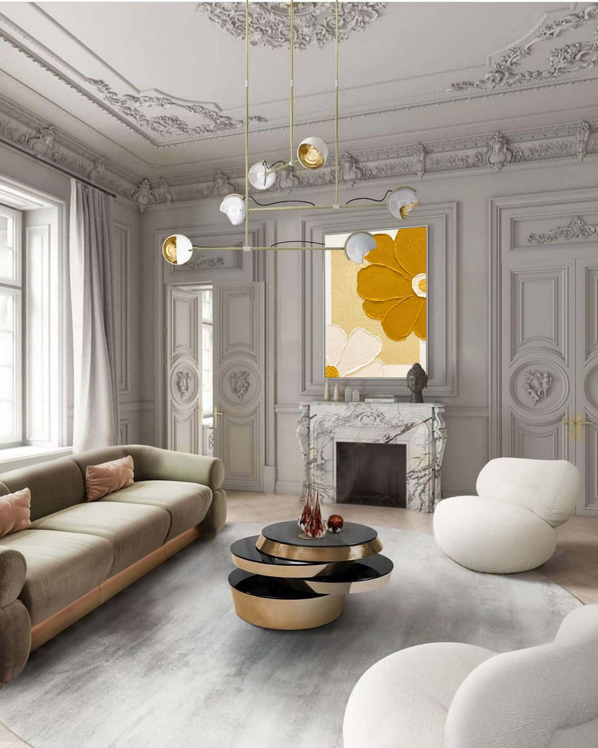 Wall Art Golden Yellow White Daisy Geometric