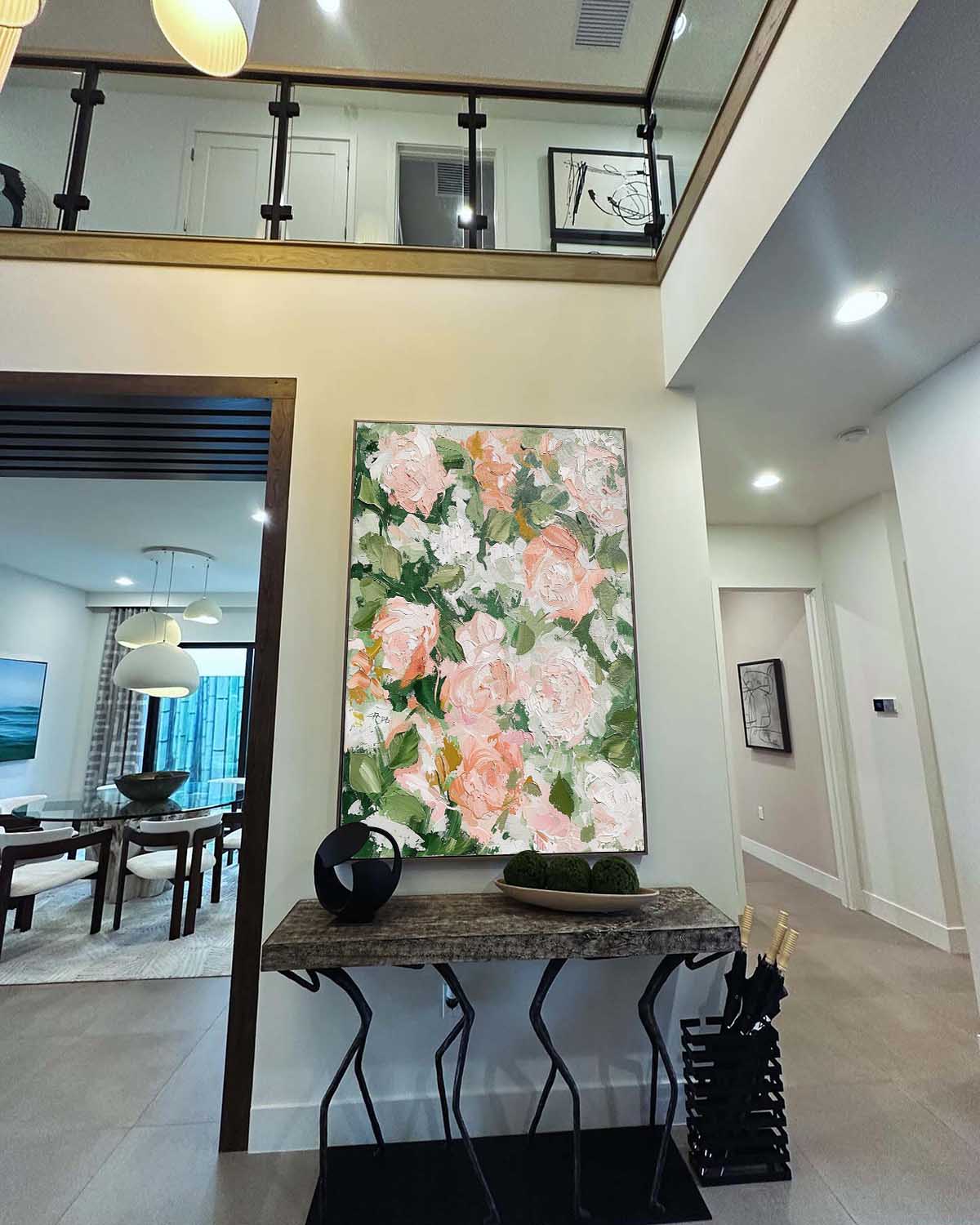 Textured Pink Rose Oil Painting Layered Blooms Romantic