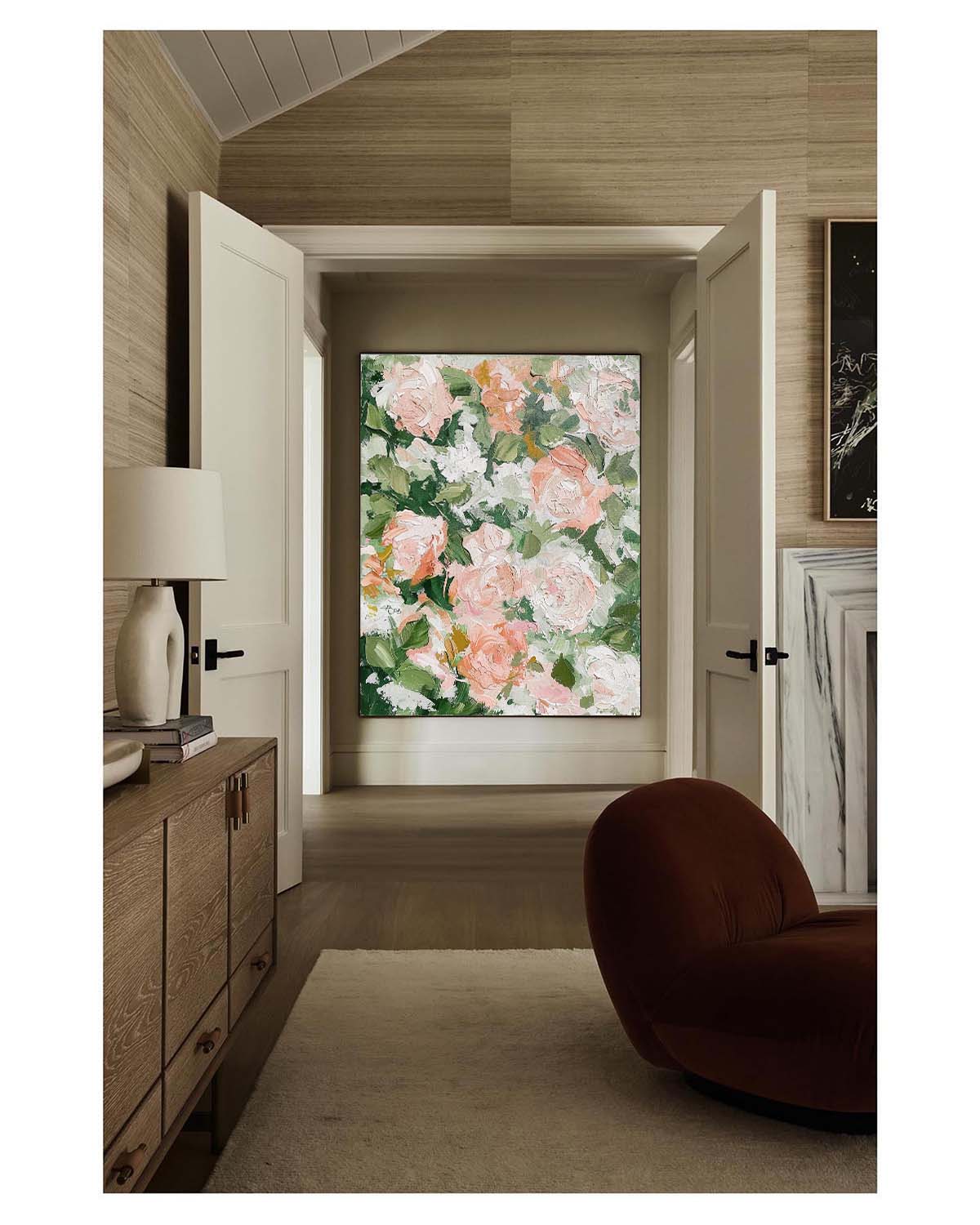 Textured Pink Rose Oil Painting Layered Blooms Romantic