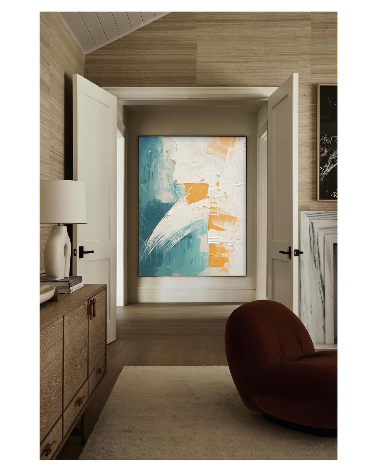 Tactile Impasto Oil Painting Teal White Orange