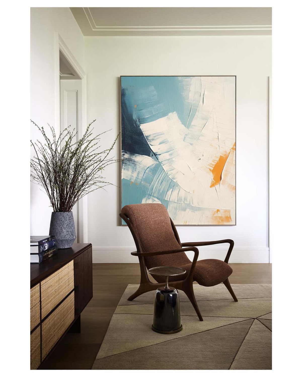 Tactile Impasto Oil Painting Teal White Orange Tones