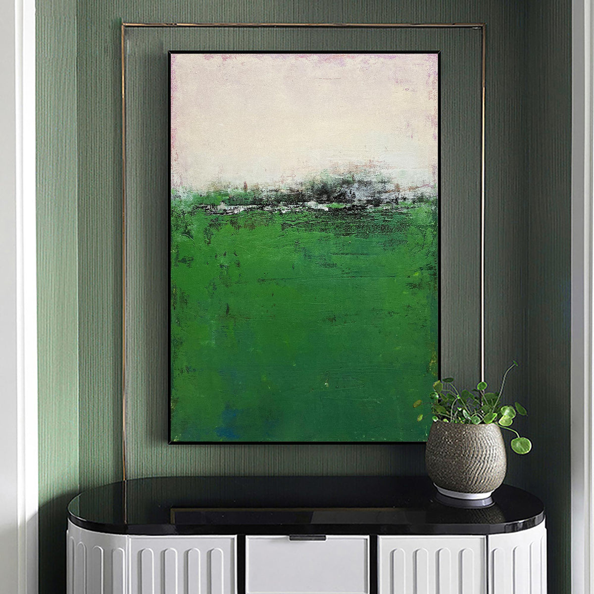 Minimalist Green White Abstract Landscape Oil Painting
