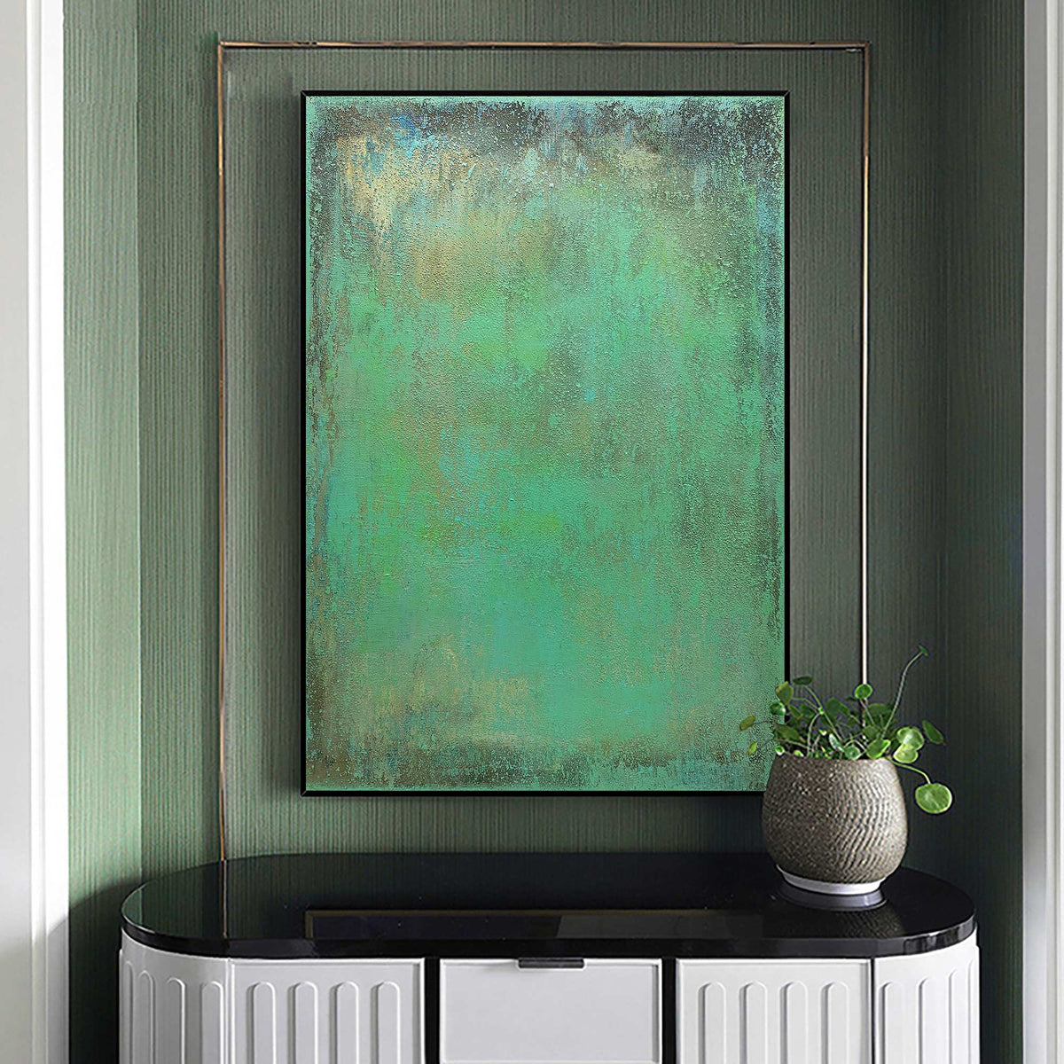 Muted‑Green Gold‑Fleck Vertical Textured‑Wash Impasto Artwork