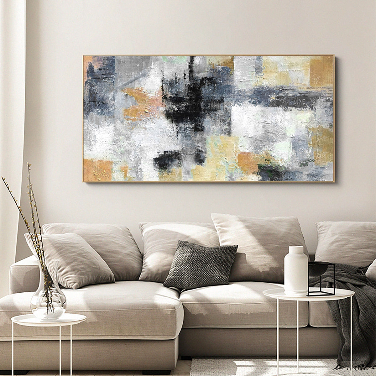Abstract Black Gray Gold Textured Geometric Oil Acrylic Linen Canvas Painting