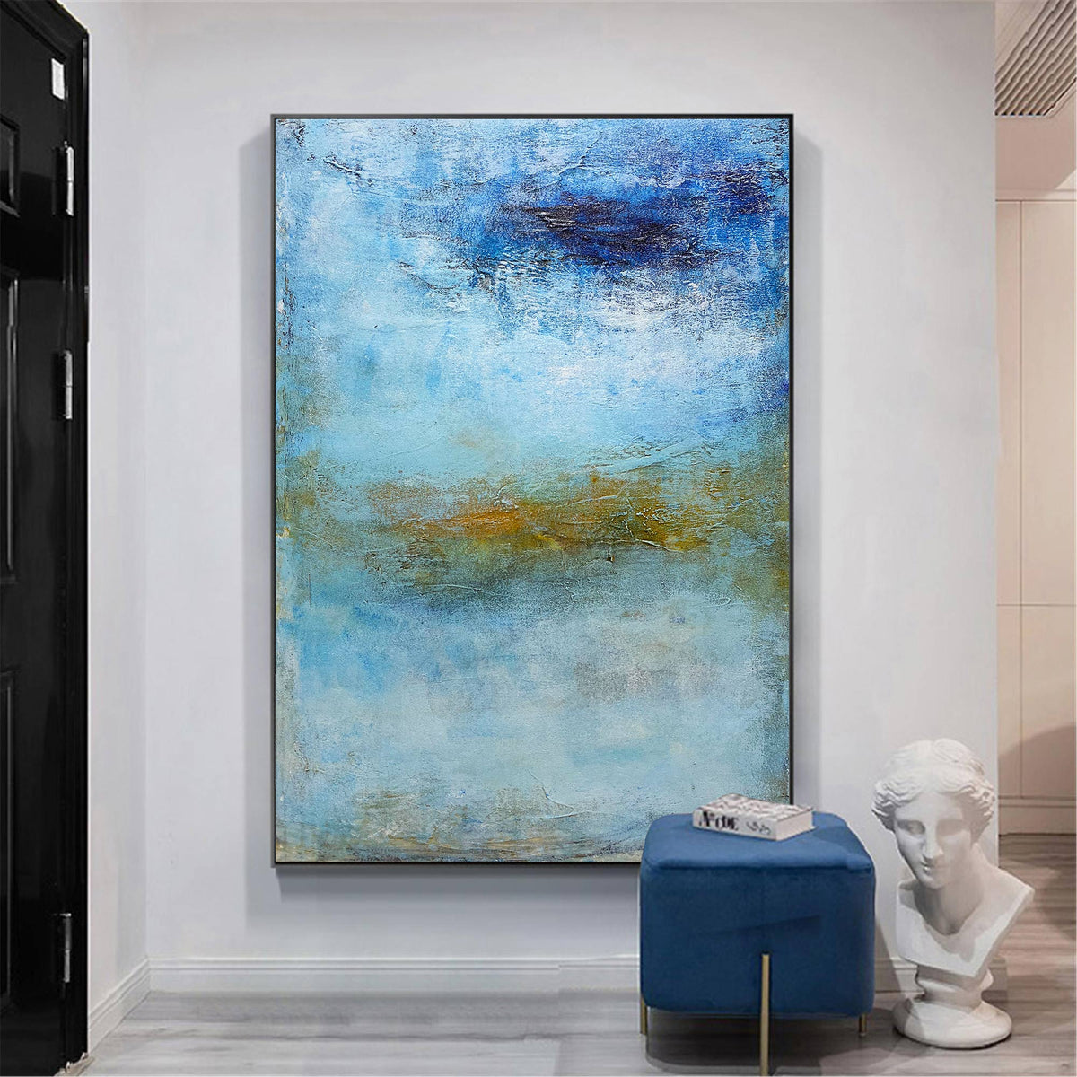 Seascape Blue Gold White Coastal Abstract Oil Painting on Linen Canvas