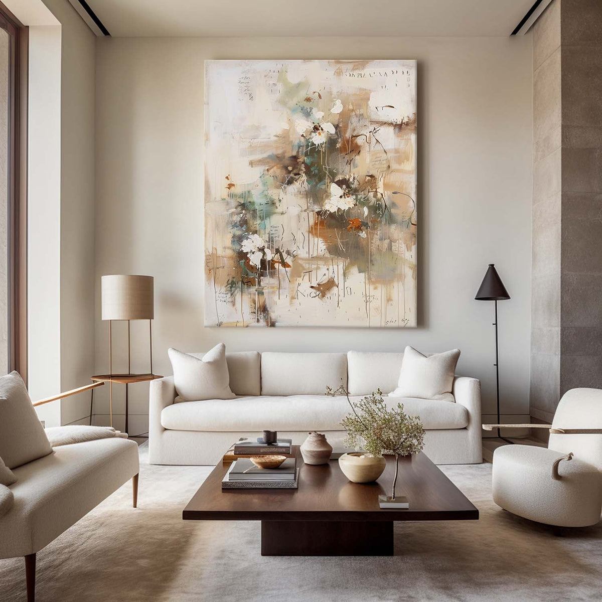 Wall Art Beige Floral Abstract Textured Canvas Living Room