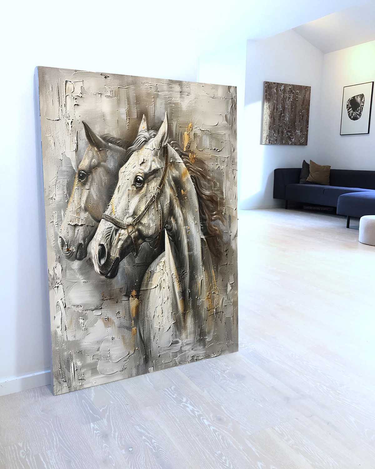 Wall Art Two White Horses Gray Gold
