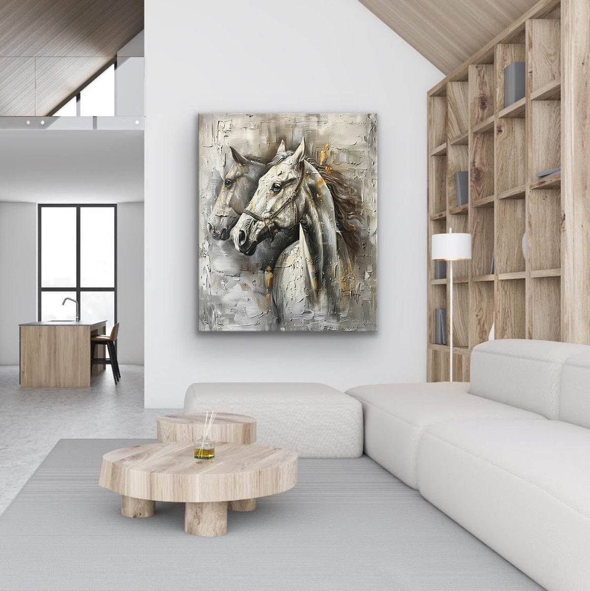 Wall Art Two White Horses Gray Gold