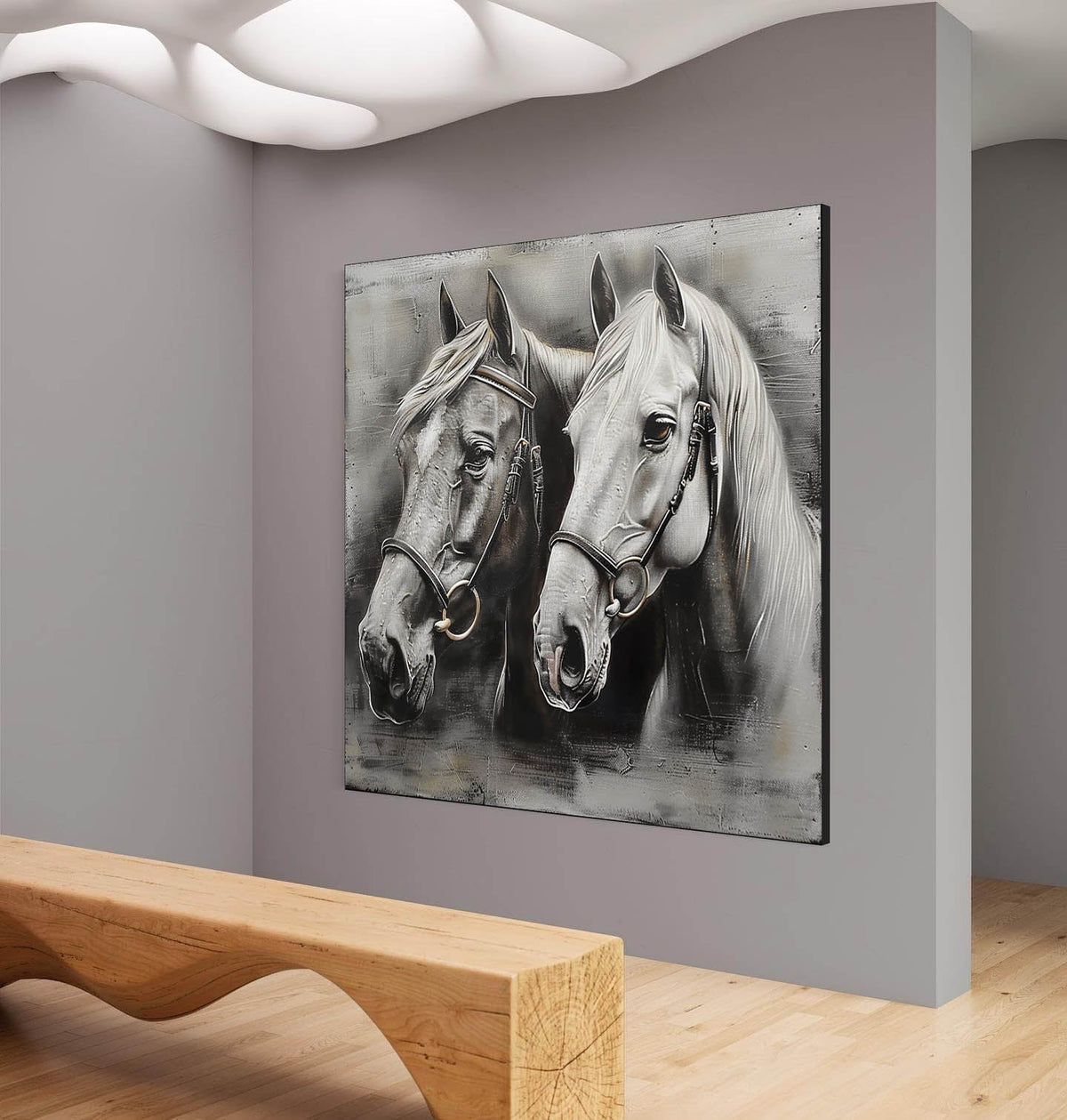 Monochromatic Two Horses Portrait Painting
