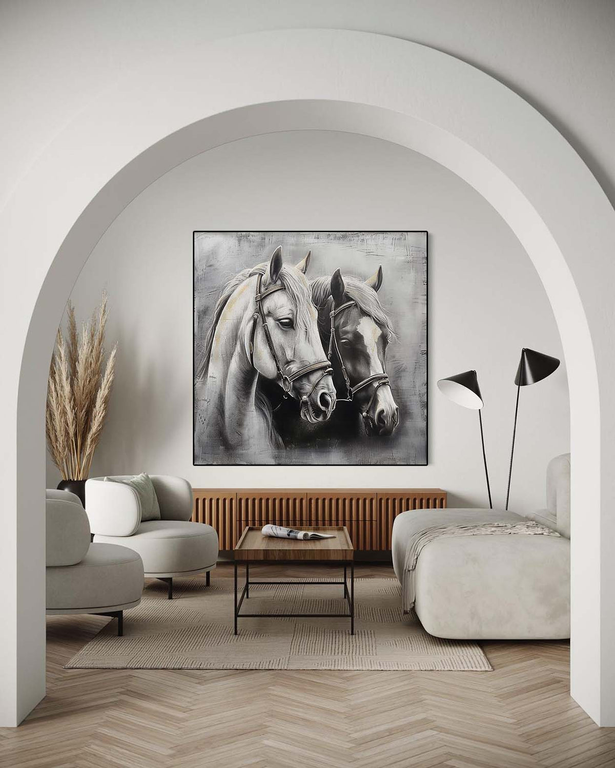 Wall Art Monochrome Two Horses Textured