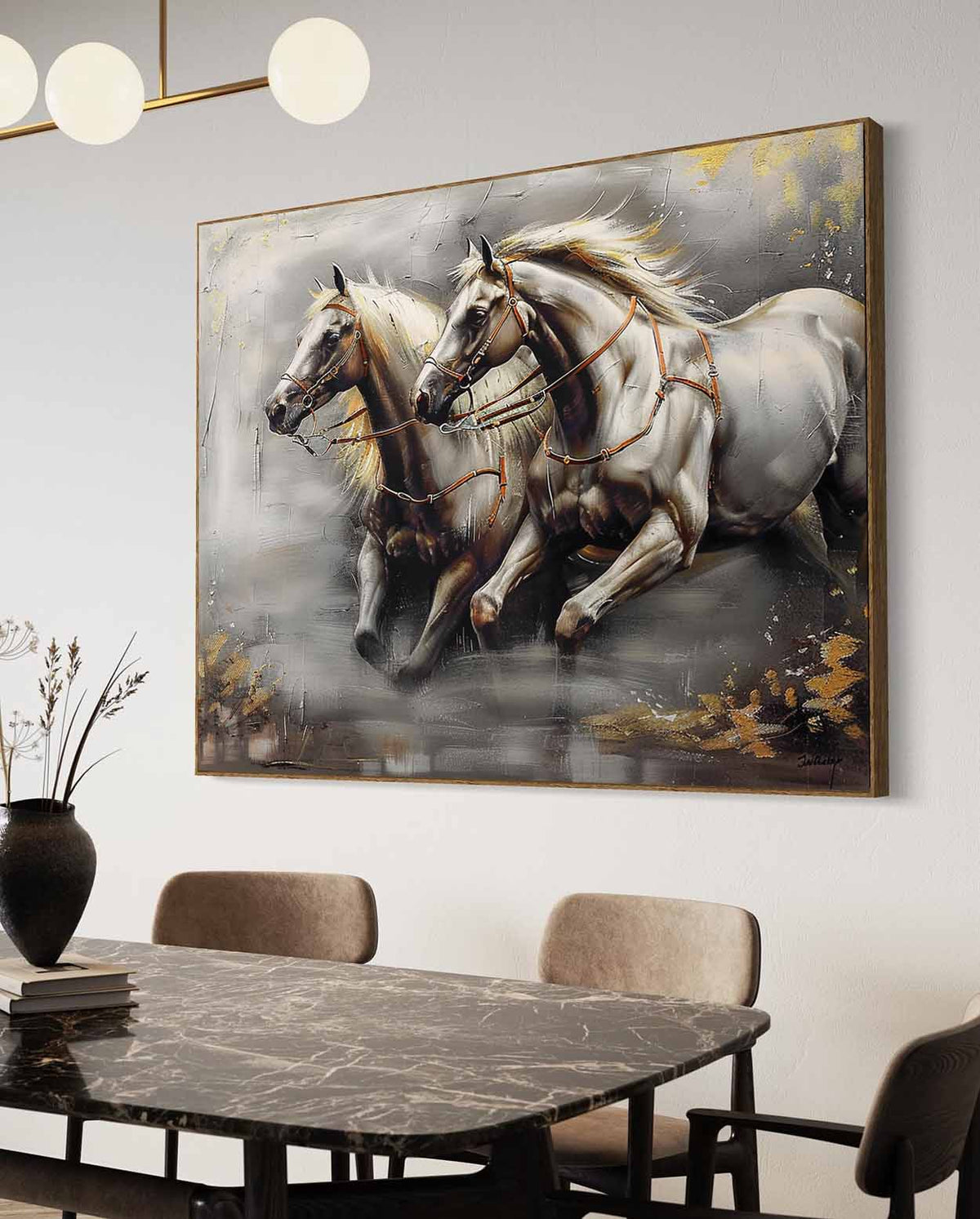 Dual Galloping Horses Oil Painting Textured Framed