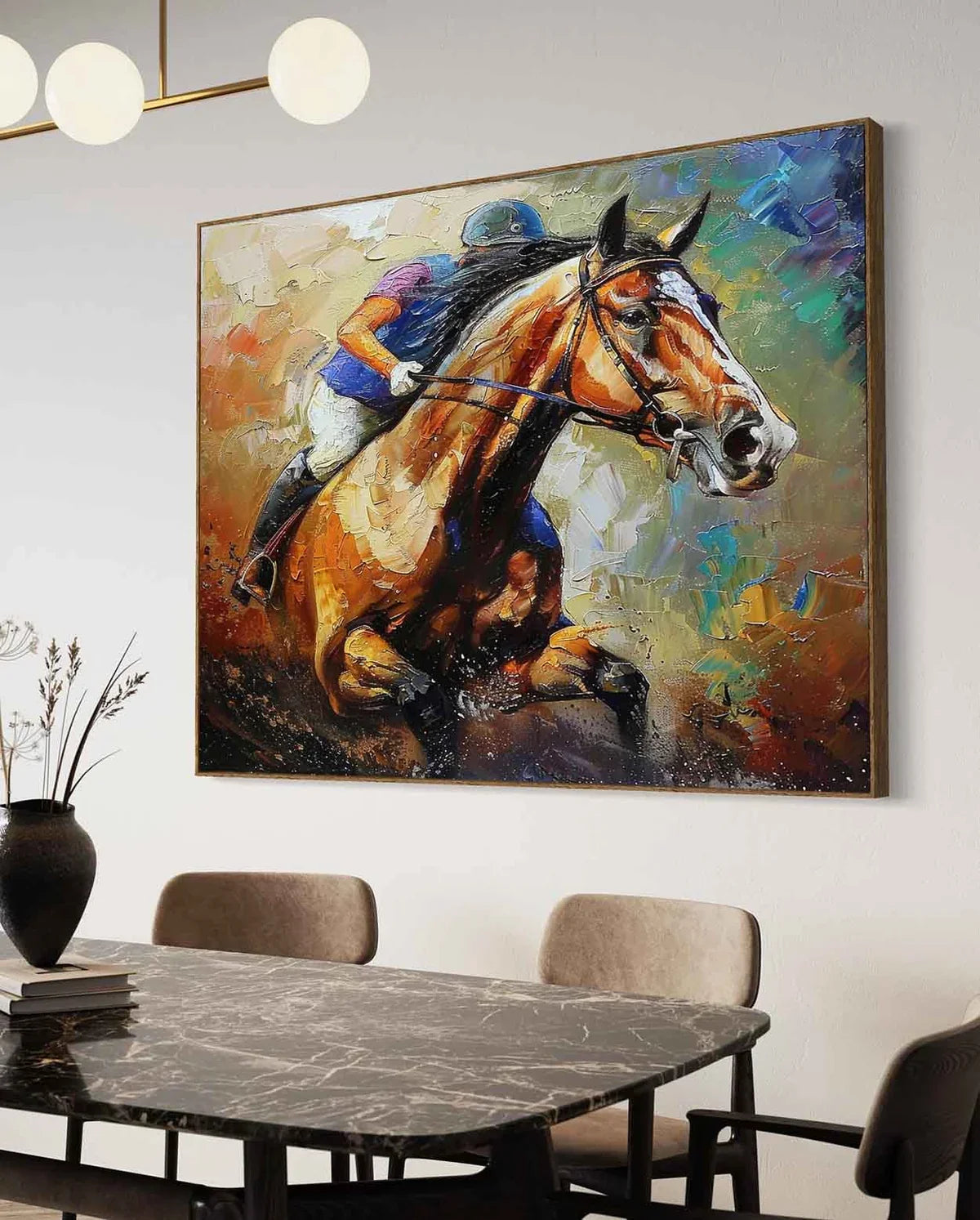 Impasto Equestrian Oil Painting Dynamic Racing Scene