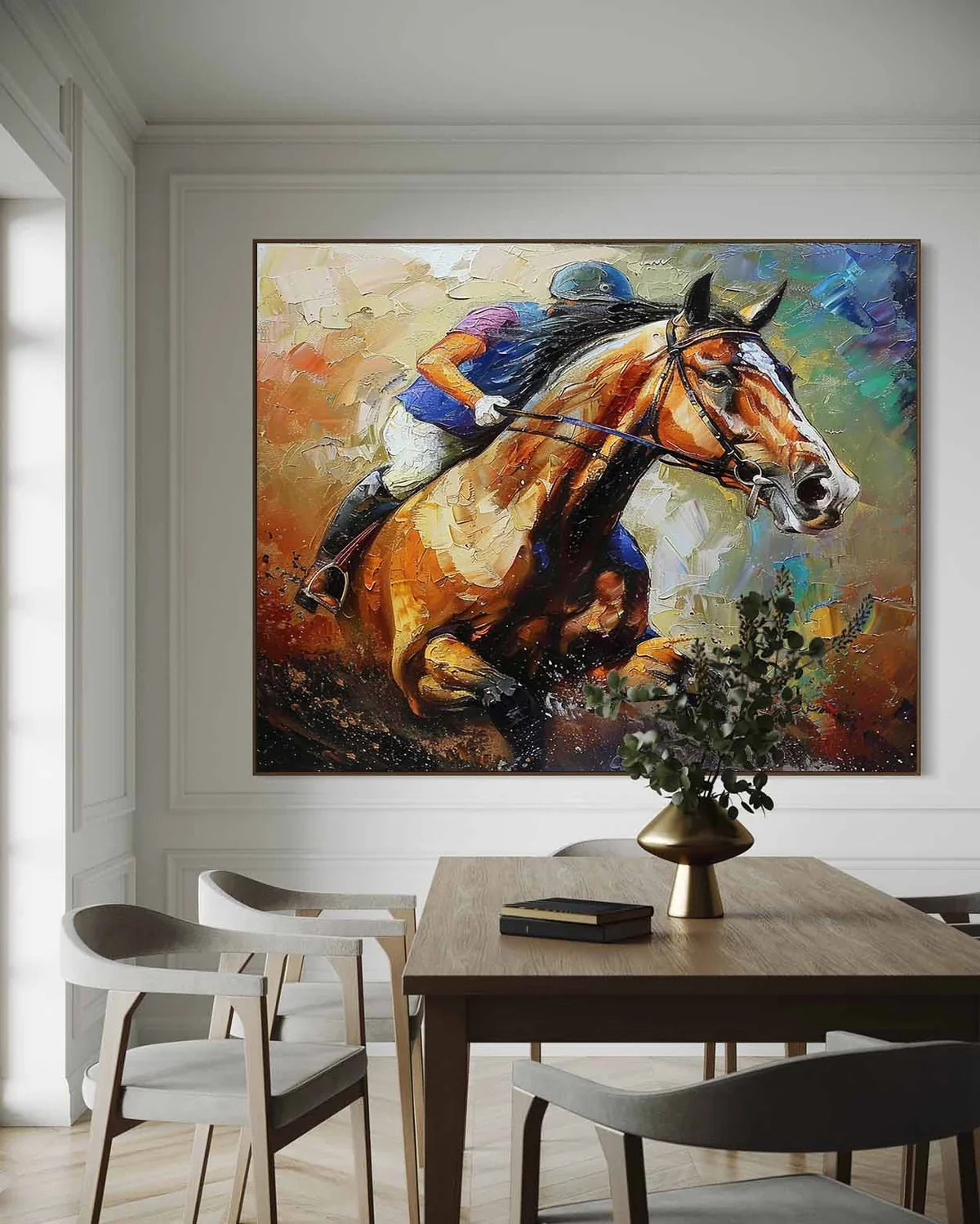 Impasto Equestrian Oil Painting Dynamic Racing Scene