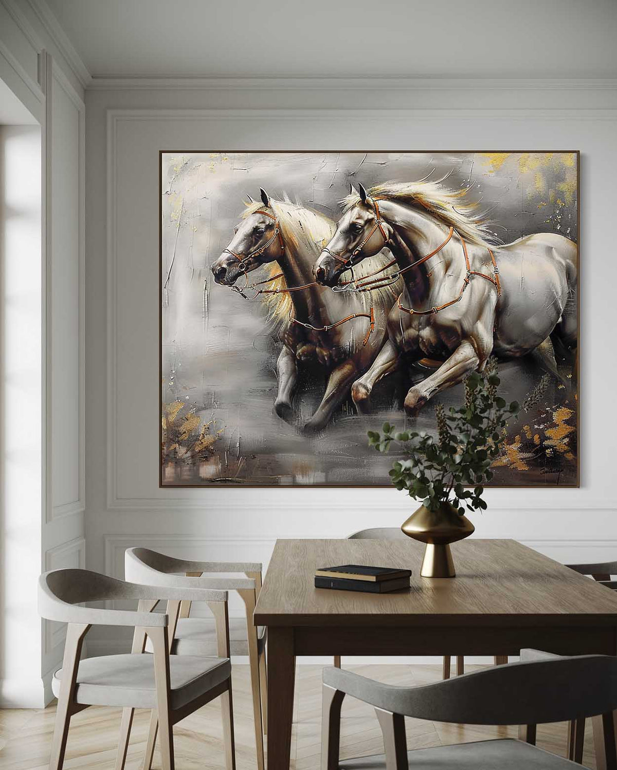 Dual Galloping Horses Oil Painting Textured Framed