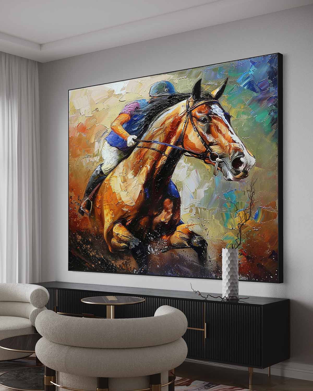Impasto Equestrian Oil Painting Dynamic Racing Scene