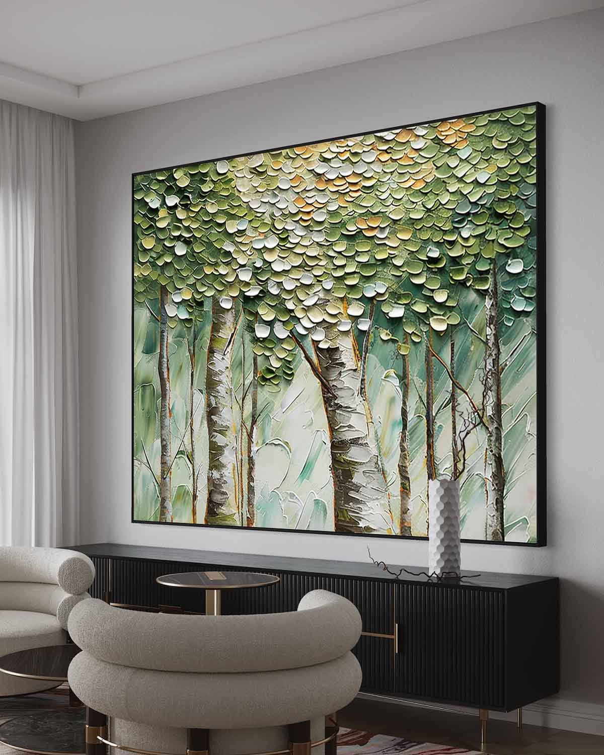 Wall Art Impressionist Lush Birch Forest Green