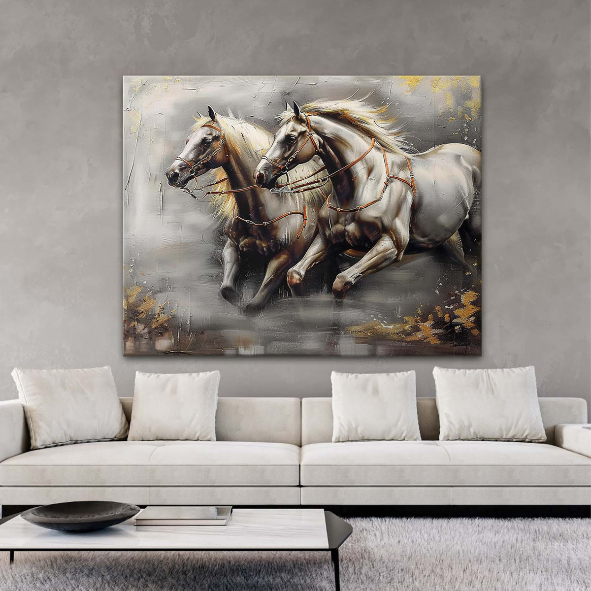 Dual Galloping Horses Oil Painting Textured Framed