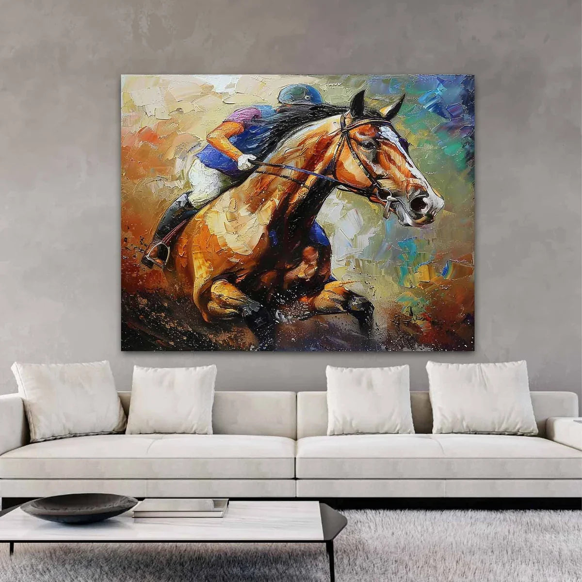 Impasto Equestrian Oil Painting Dynamic Racing Scene
