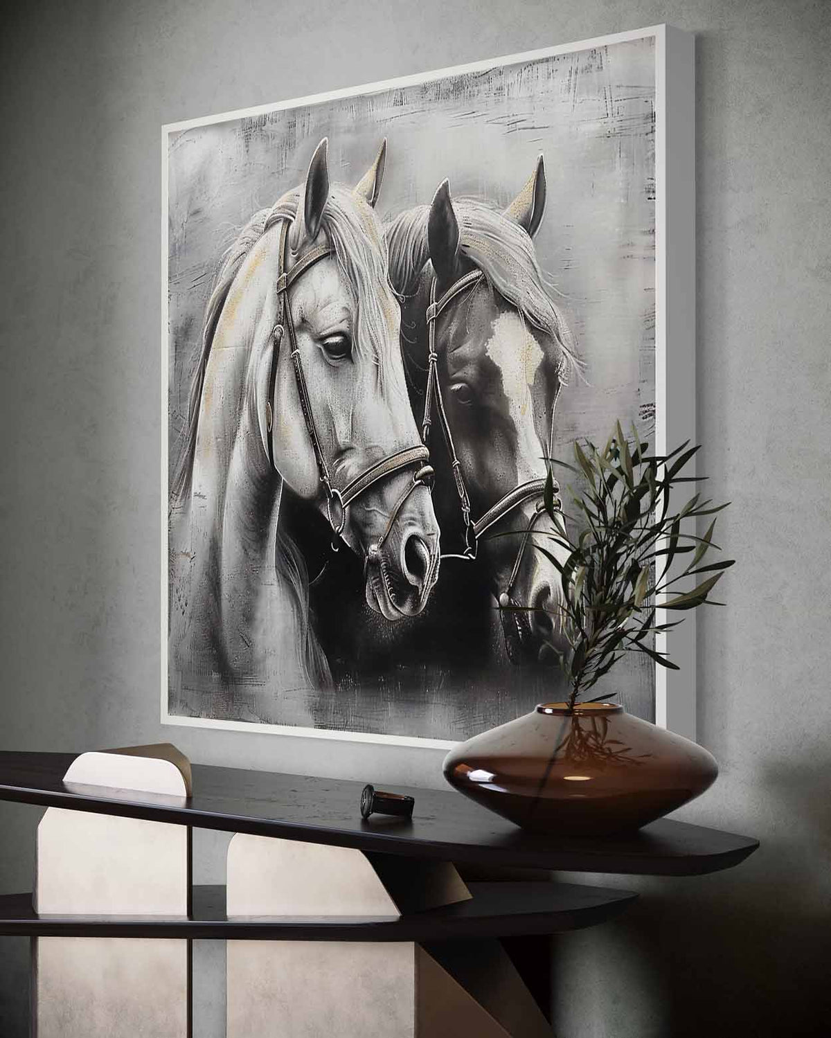 Wall Art Monochrome Two Horses Textured