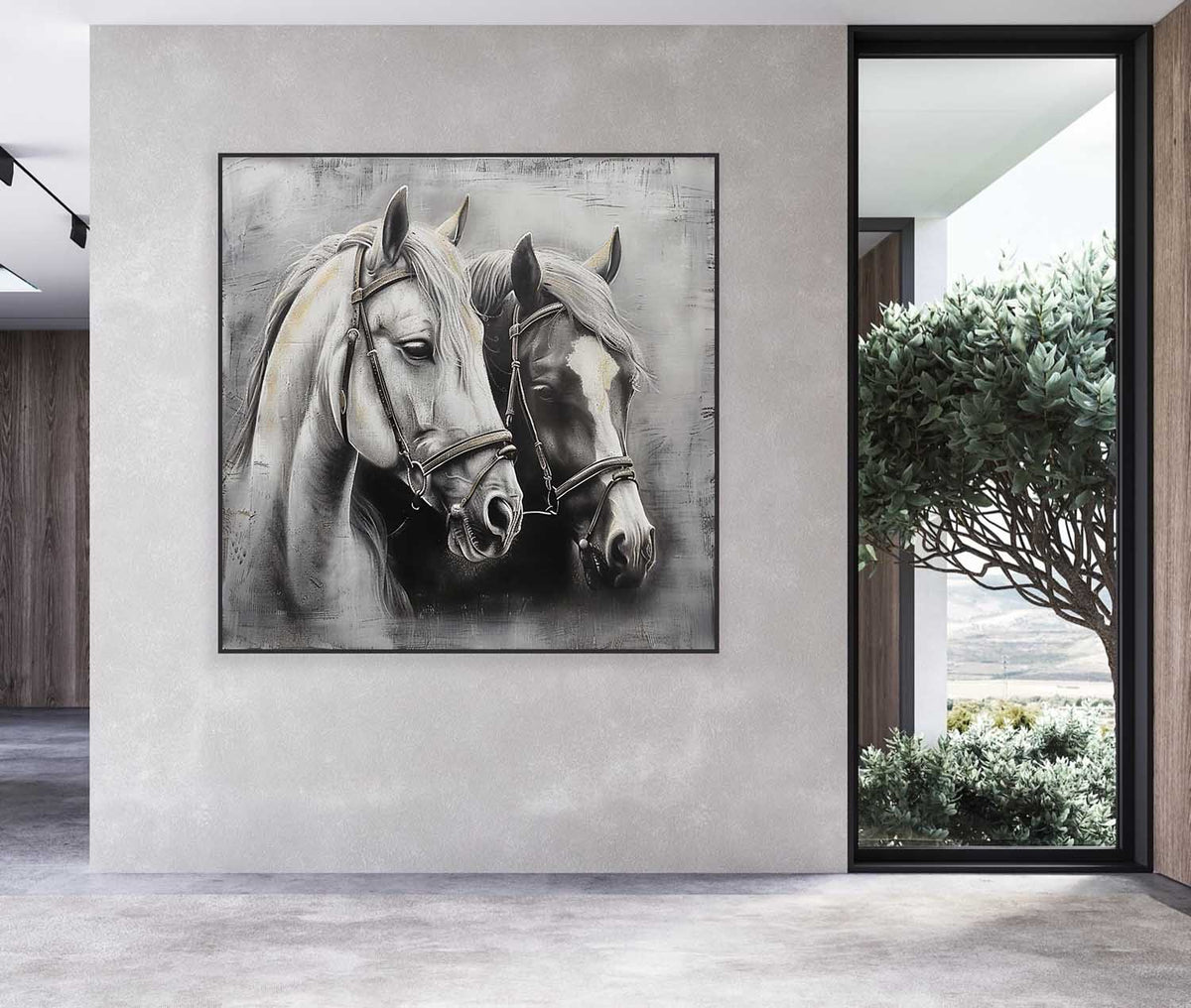 Wall Art Monochrome Two Horses Textured