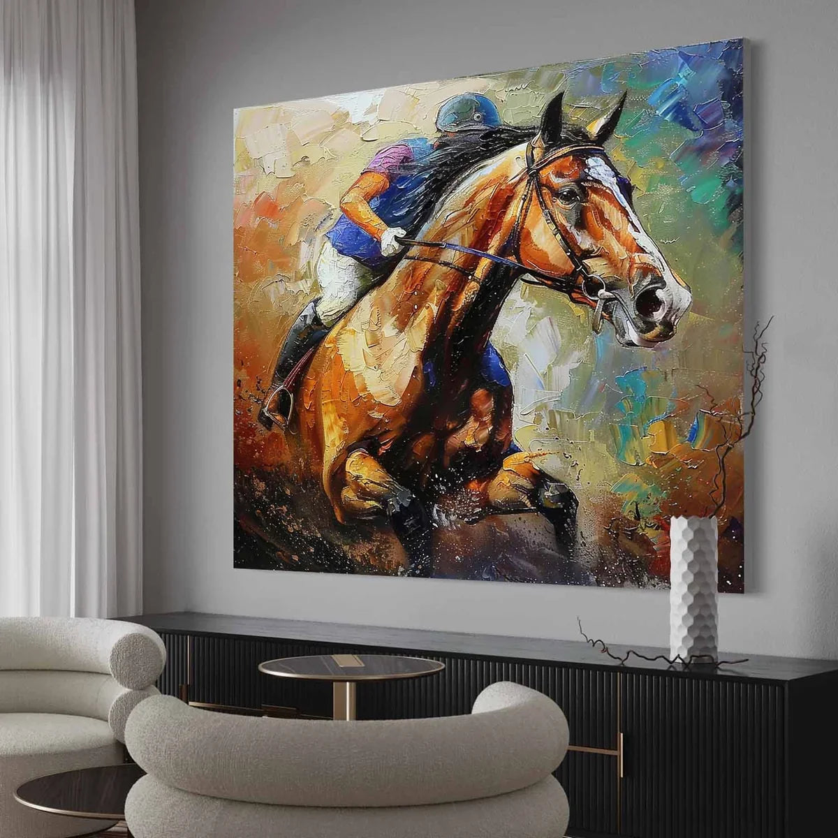 Impasto Equestrian Oil Painting Dynamic Racing Scene