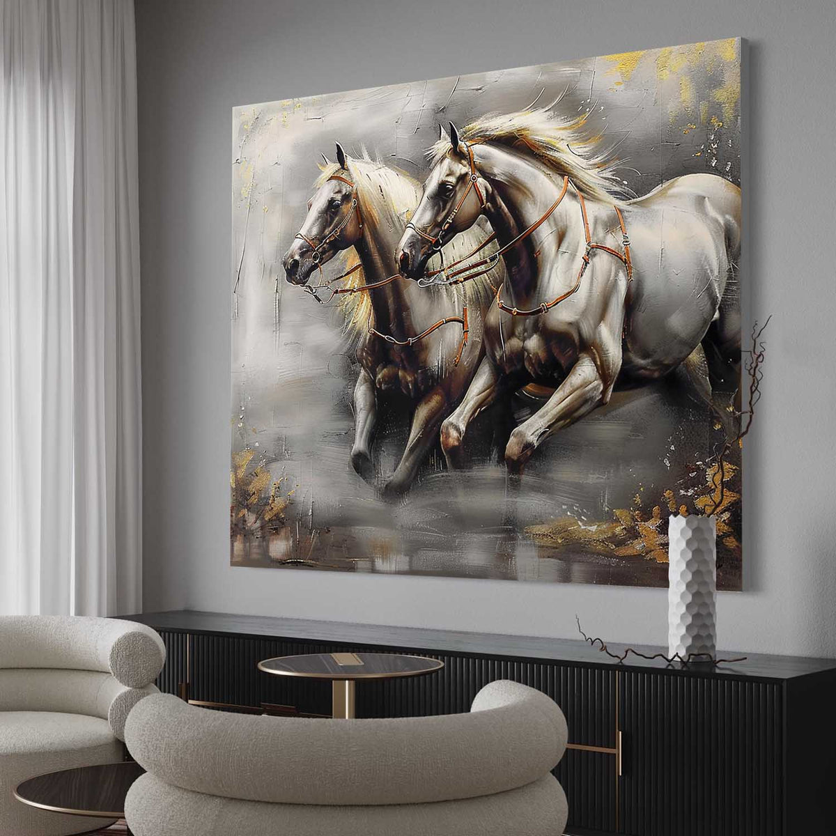 Dual Galloping Horses Oil Painting Textured Framed