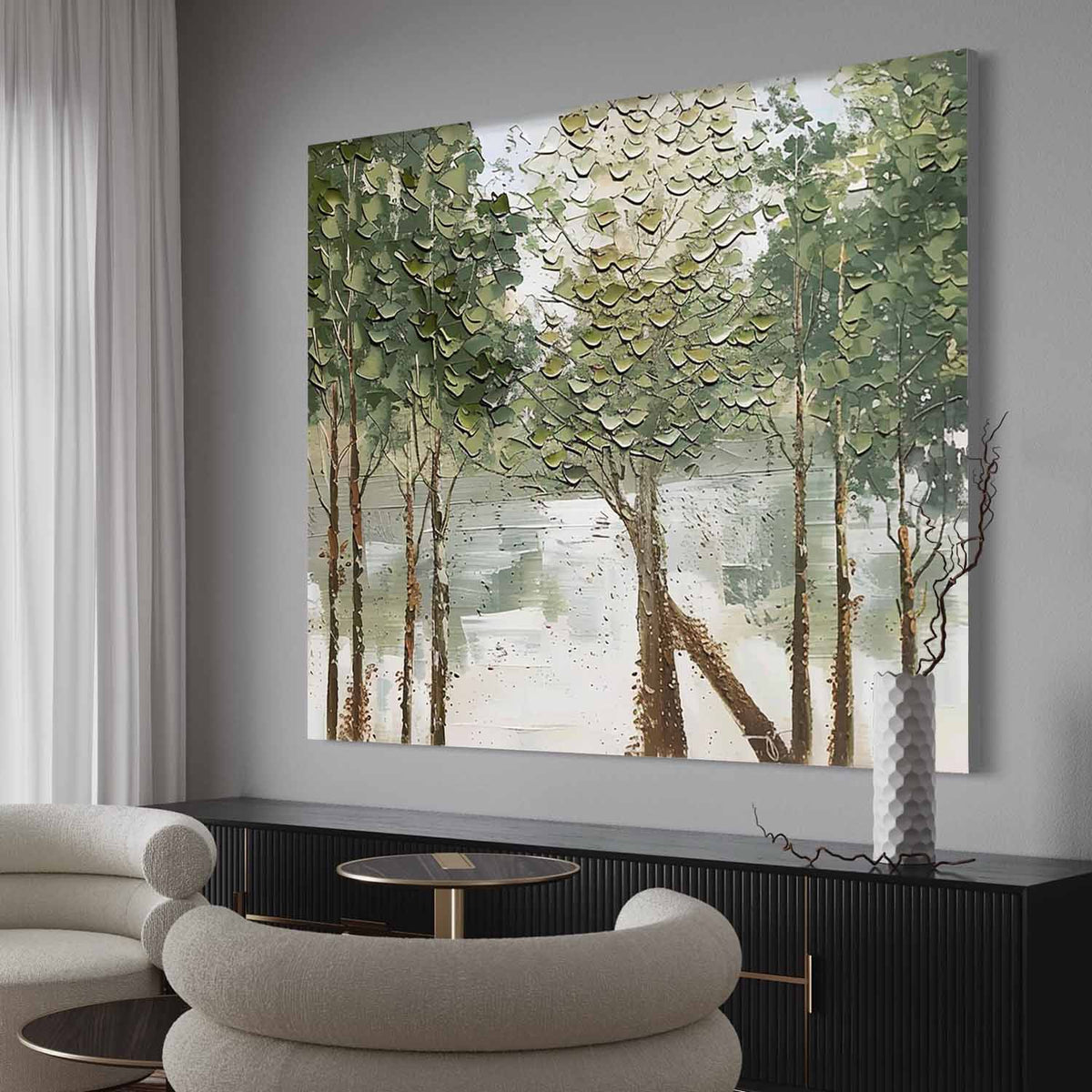 Canvas 3D Textured Lakeside Forest Landscape Painting