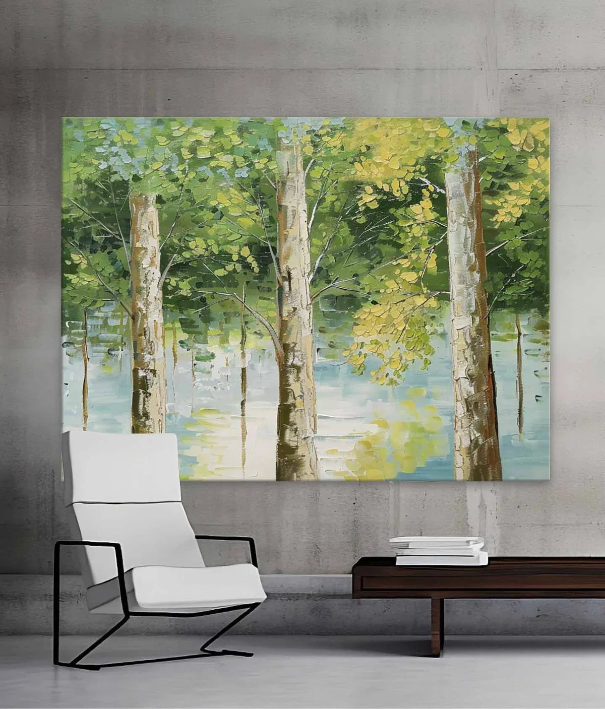 Tactile Forest Landscape Oil Painting Tree Reflections