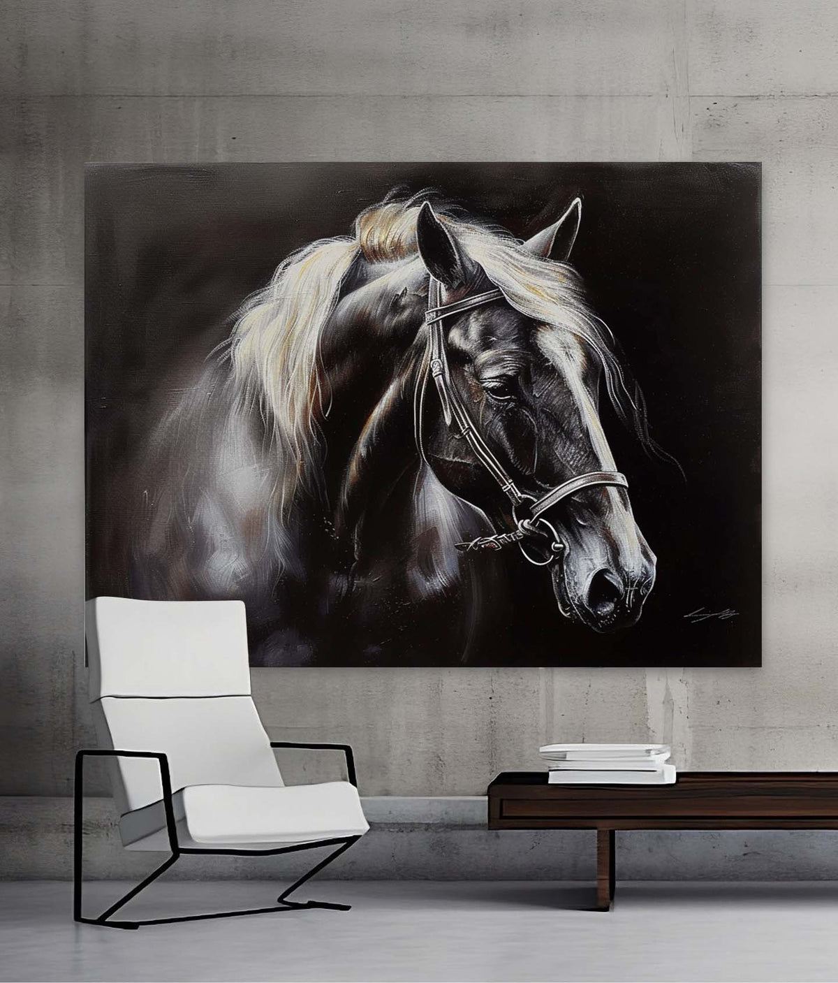 Tactile Dramatic Horse Portrait Oil Painting Monochrome
