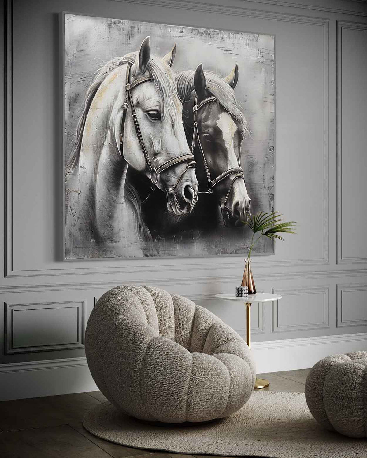 Wall Art Monochrome Two Horses Textured