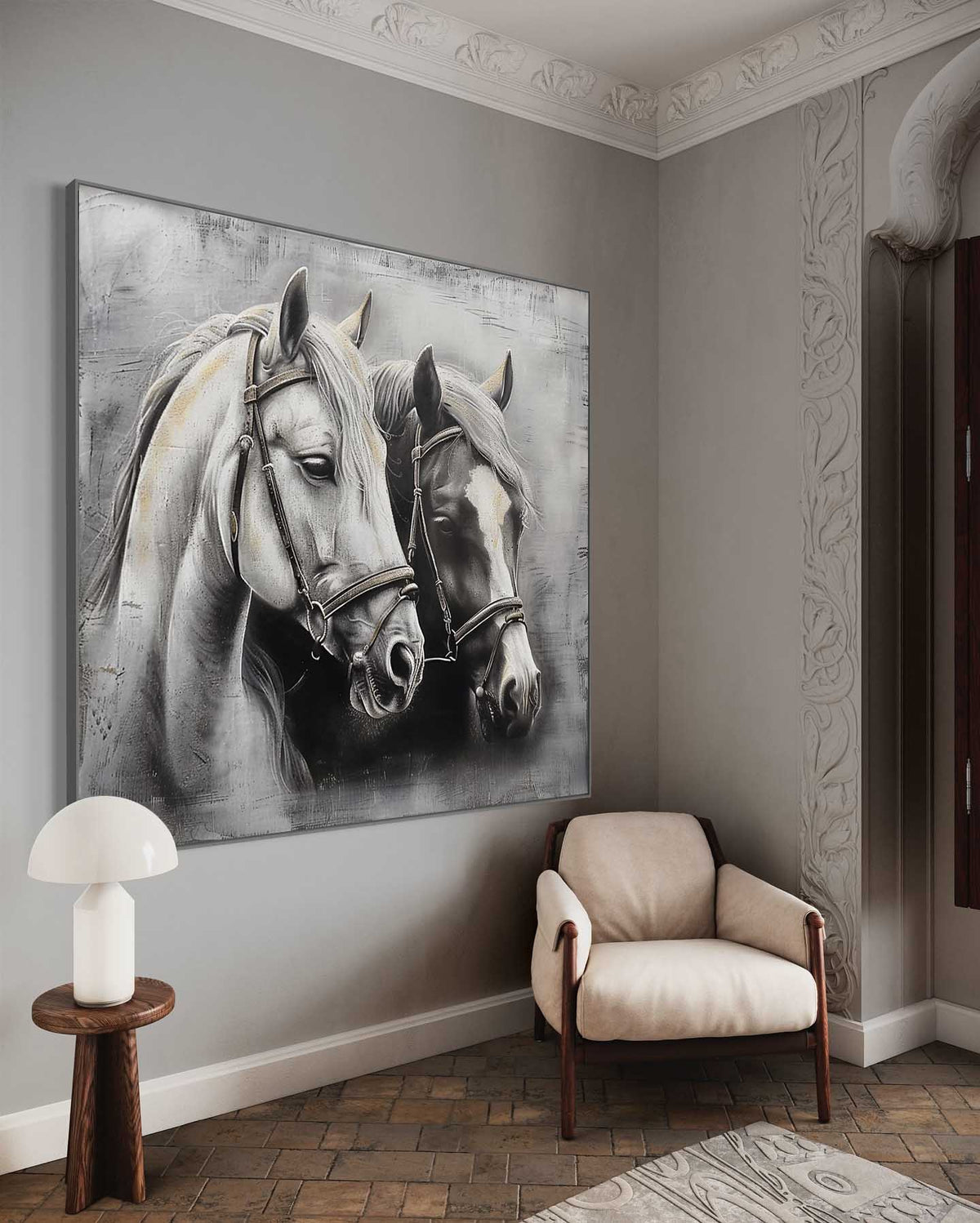 Wall Art Monochrome Two Horses Textured