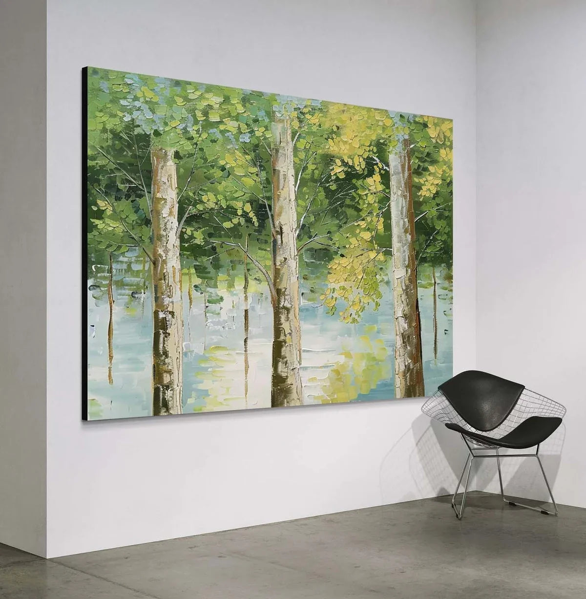 Tactile Forest Landscape Oil Painting Tree Reflections