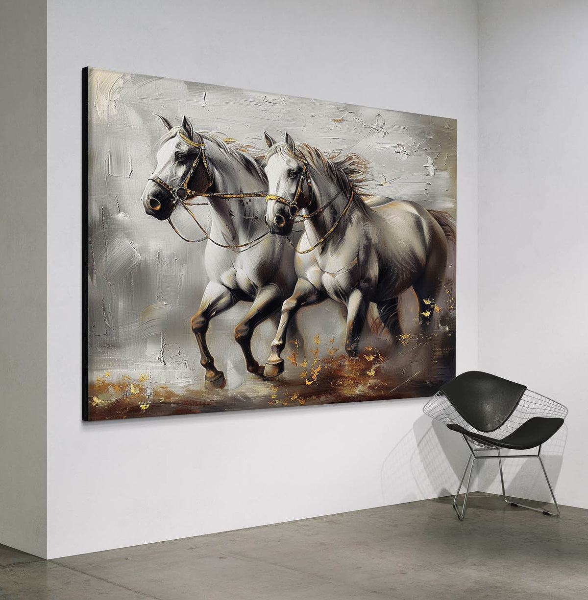 Dual White Horse Oil Painting Motion & Gold Elegant