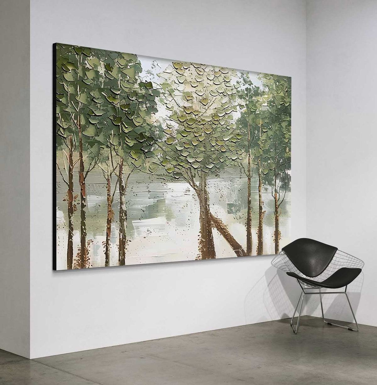 Canvas 3D Textured Lakeside Forest Landscape Painting