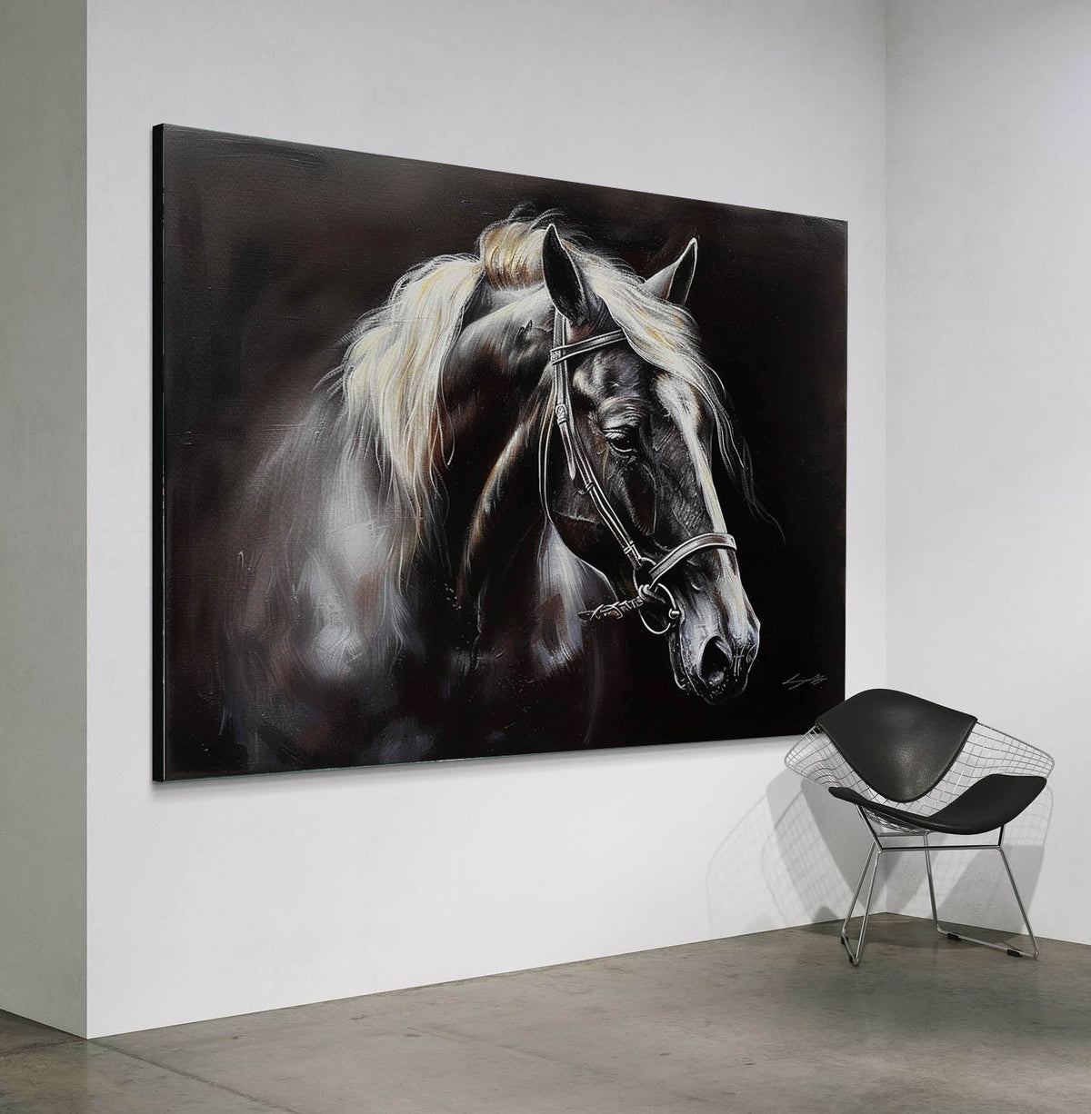 Tactile Dramatic Horse Portrait Oil Painting Monochrome