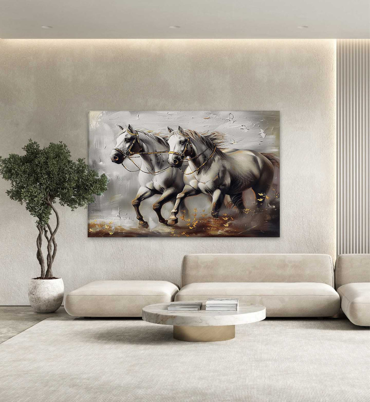 Dual White Horse Oil Painting Motion & Gold Elegant