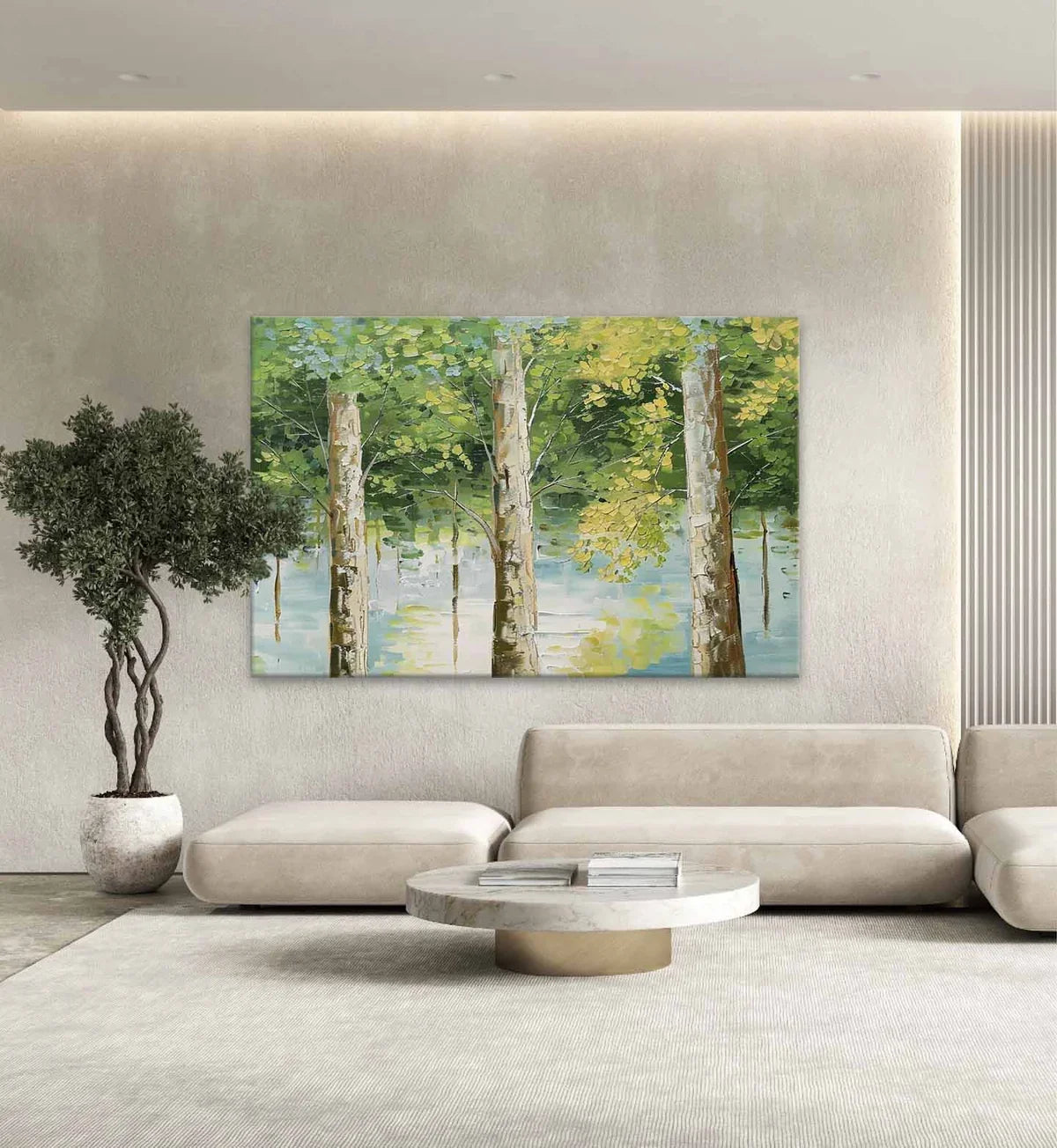 Tactile Forest Landscape Oil Painting Tree Reflections