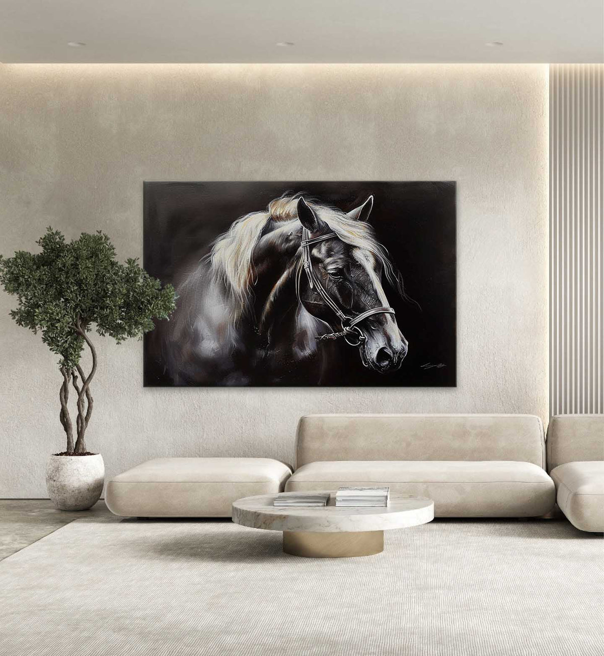 Tactile Dramatic Horse Portrait Oil Painting Monochrome