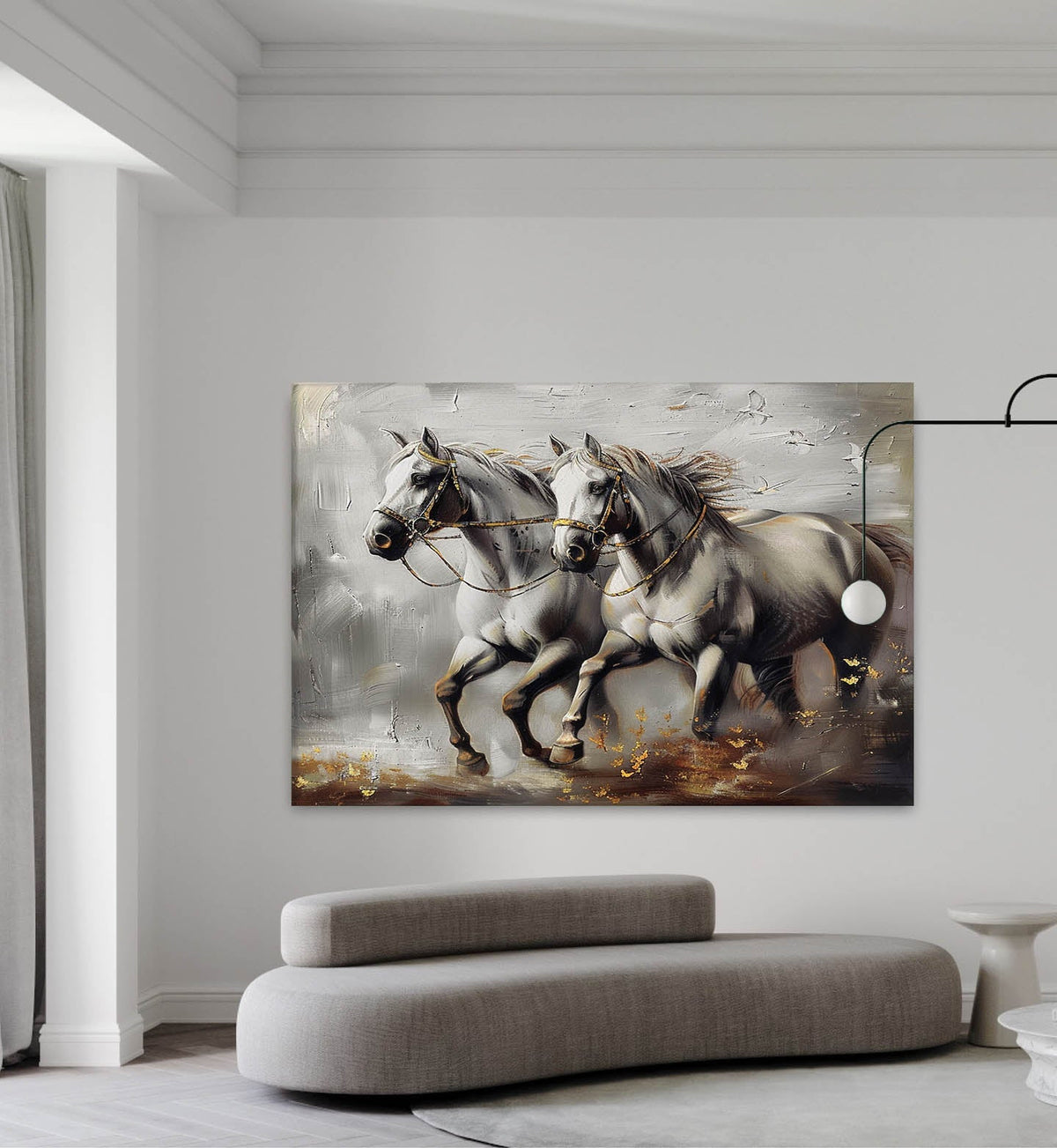 Dual White Horse Oil Painting Motion & Gold Elegant