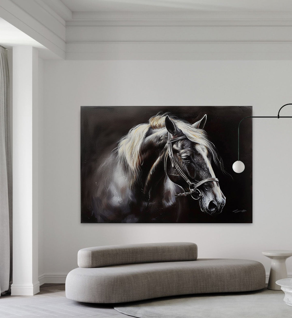 Tactile Dramatic Horse Portrait Oil Painting Monochrome