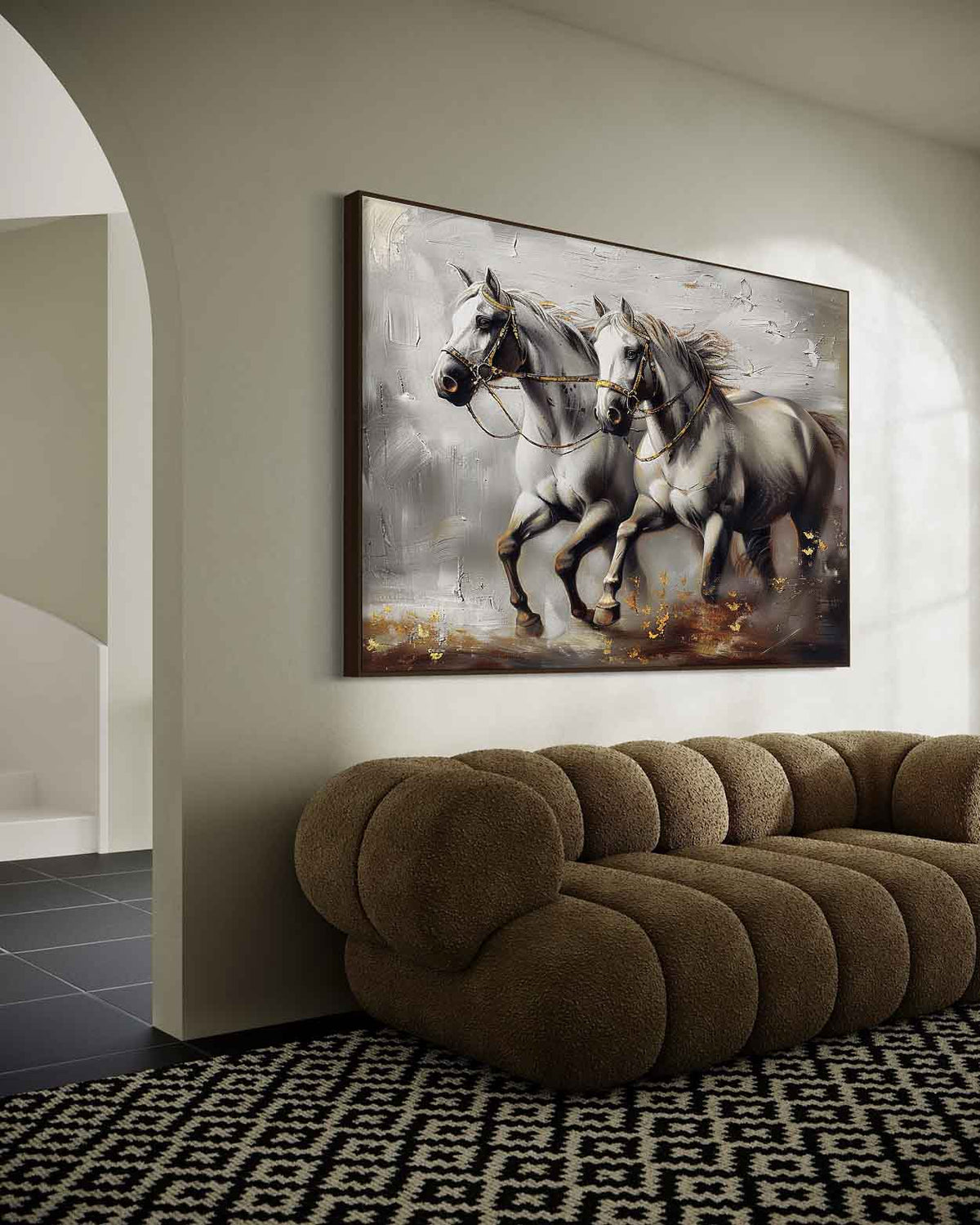 Dual White Horse Oil Painting Motion & Gold Elegant