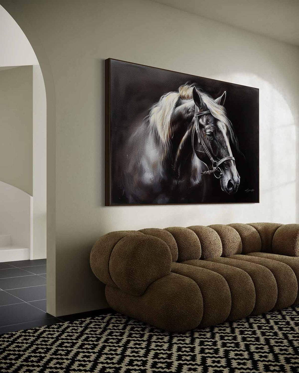 Tactile Dramatic Horse Portrait Oil Painting Monochrome