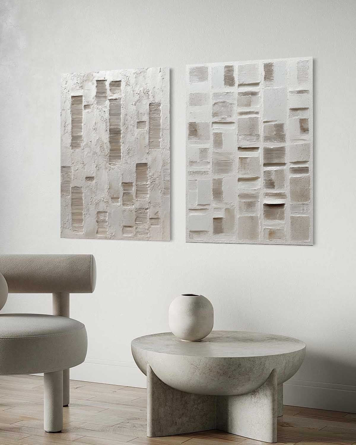 Wall Art Diptych Textured Abstract Geometric Scene Serene Neutral