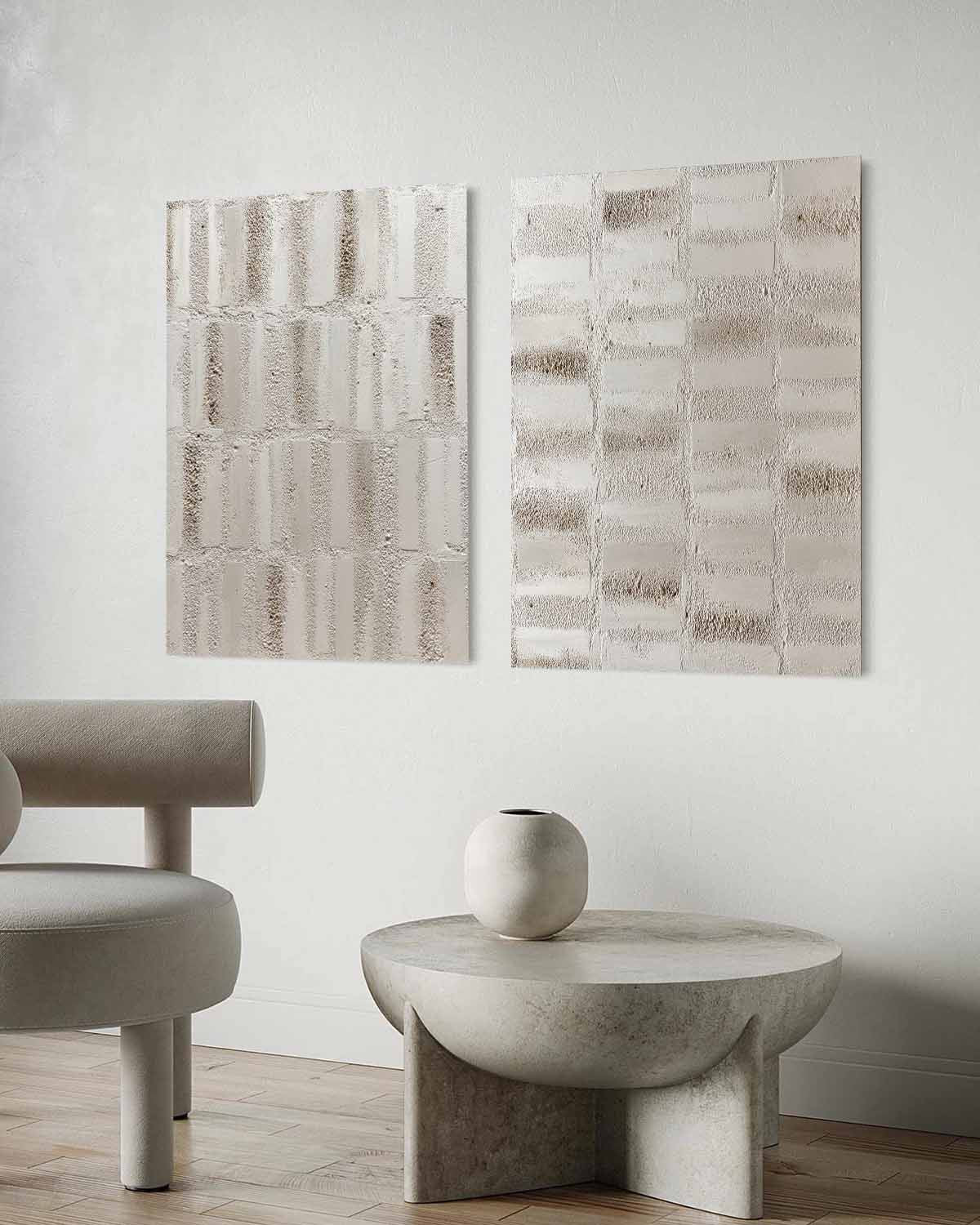 Wall Art Diptych Textured Abstract Grid Scene Minimalist Neutral