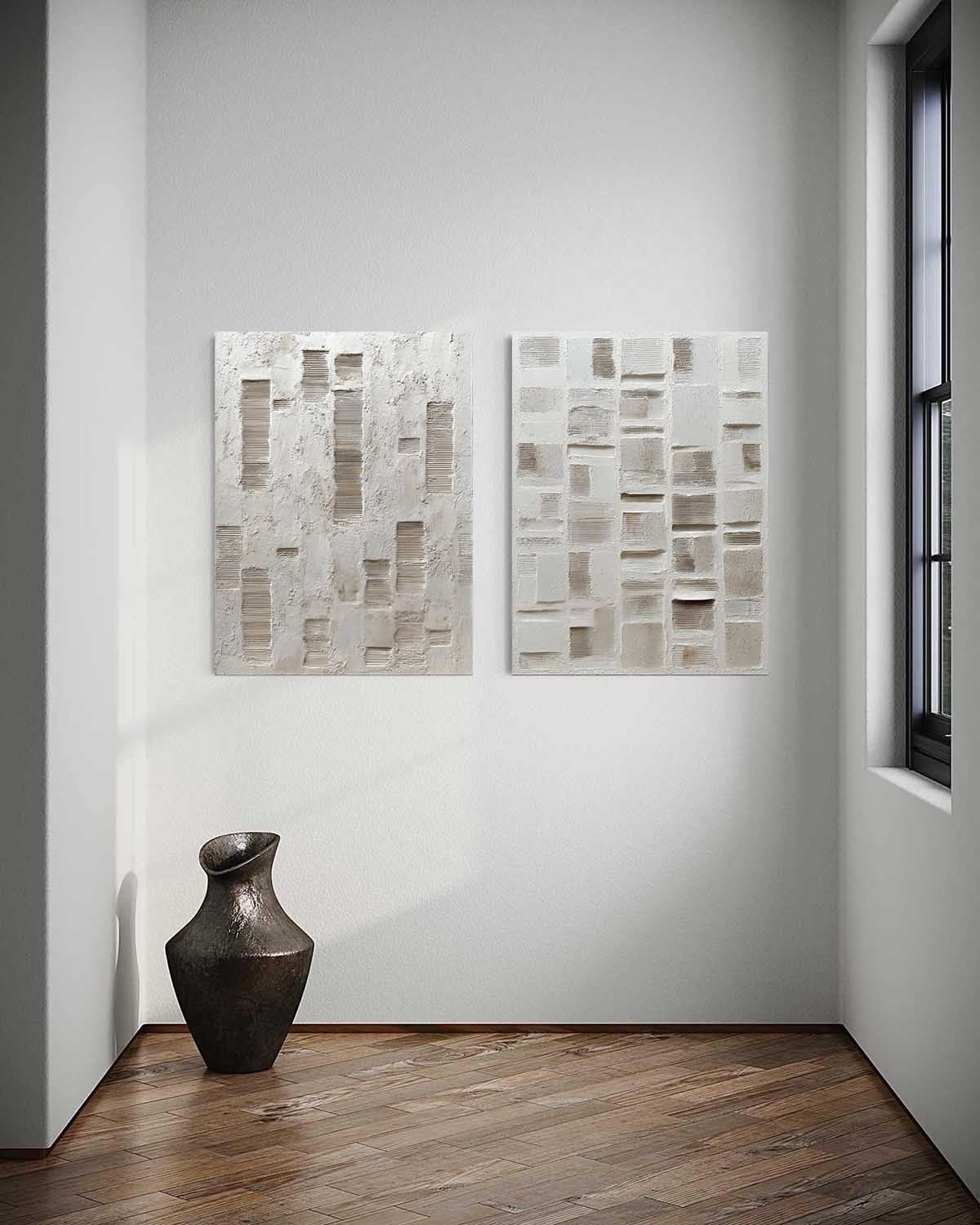 Wall Art Diptych Textured Abstract Geometric Scene Serene Neutral