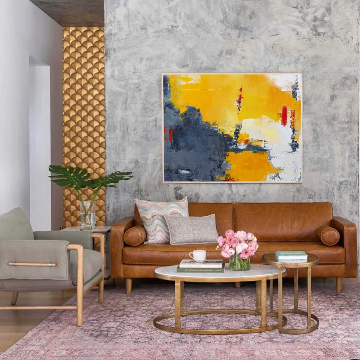Yellow Gray Red Oil Painting Hand Painted