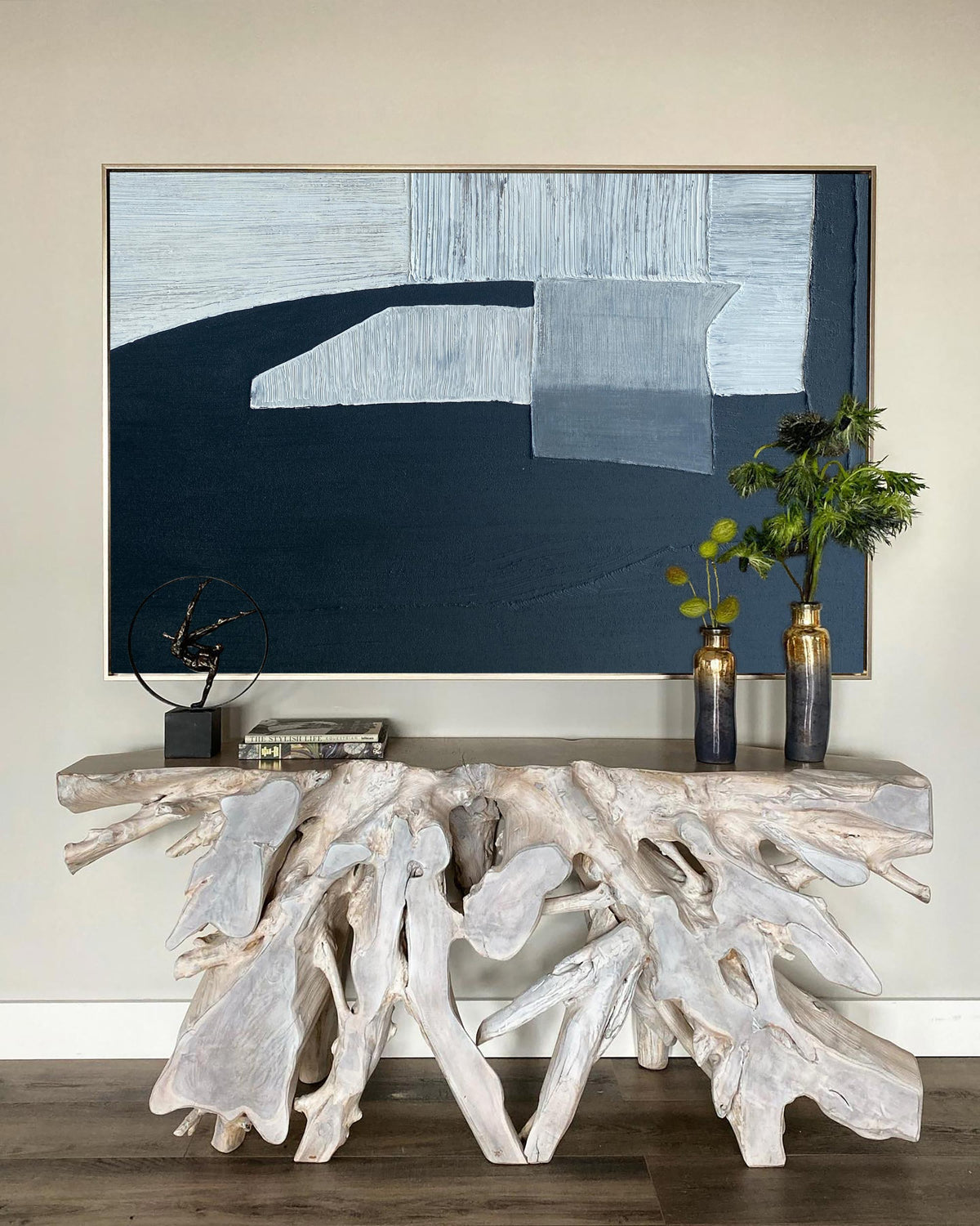 Minimalist Blue White Black Geometric Abstract Painting