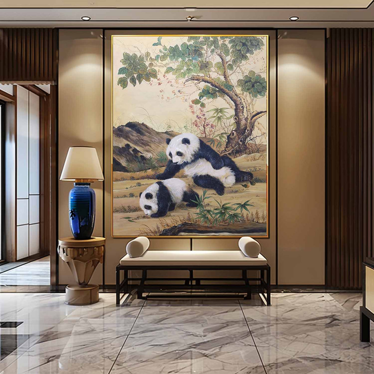 Wall Art Vertical Traditional Chinese Panda Scene Soft